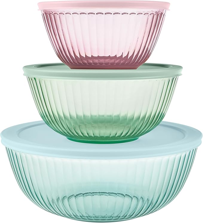 Pyrex Colors (3-Pack, Full Set) Sculpted Tinted Glass Mixing Bowls With Plastic Lids, Nesting Space Saving Set of Bowls For Prepping and Baking, 1.3QT, 2.3QT & 4.5Q, (Pink, Green, Aqua) by Pyrex