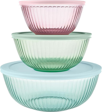 Pyrex Colors (3-Pack, Full Set) Sculpted Tinted Glass Mixing Bowls With Plastic Lids, Nesting Space Saving Set of Bowls For Prepping and Baking, 1.3QT, 2.3QT & 4.5Q, (Pink, Green, Aqua) by Pyrex