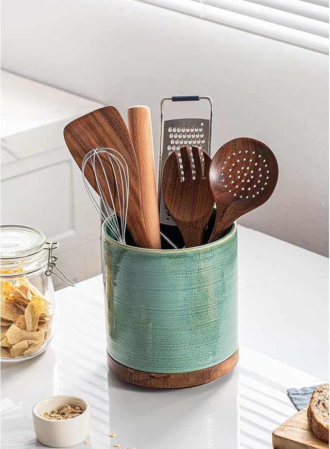 Utensil Holder, 360° Rotating Extra Large Ceramic Kitchen Utensil Holder for Countertop, 7.3“ Cooking Utensil Crocks for Kitchen Counter with Rotatable Wooden Base, Farmhouse Decor, Forest Green - Image 3