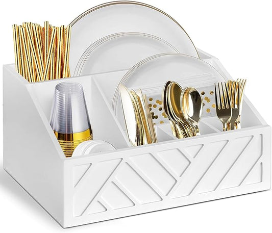 Ukonvi Paper Plate Dispenser, Paper Plate Holder for Kitchen Counter, Wood Rustic Silverware Utensil Caddy, Cutlery Flatware Organizer Box for Cups Spoons Forks Plates Napkins, Kitchen Accessories