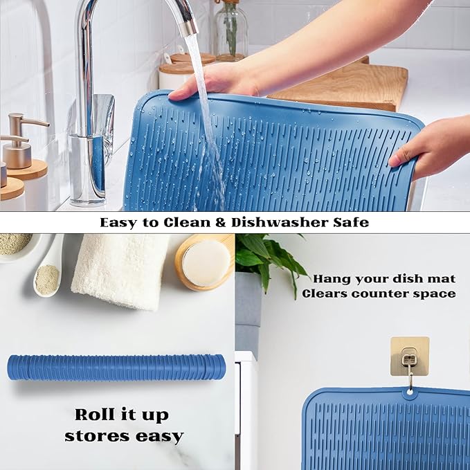 ZLR Large Silicone Dish Drying Mat (16" x 18") - XL Heavy Duty Drainboard Mat for Pots, Pans & Family Loads - Heat Resistant Trivet & Counter Protector, Easy Clean (Lichen Blue) - Image 4