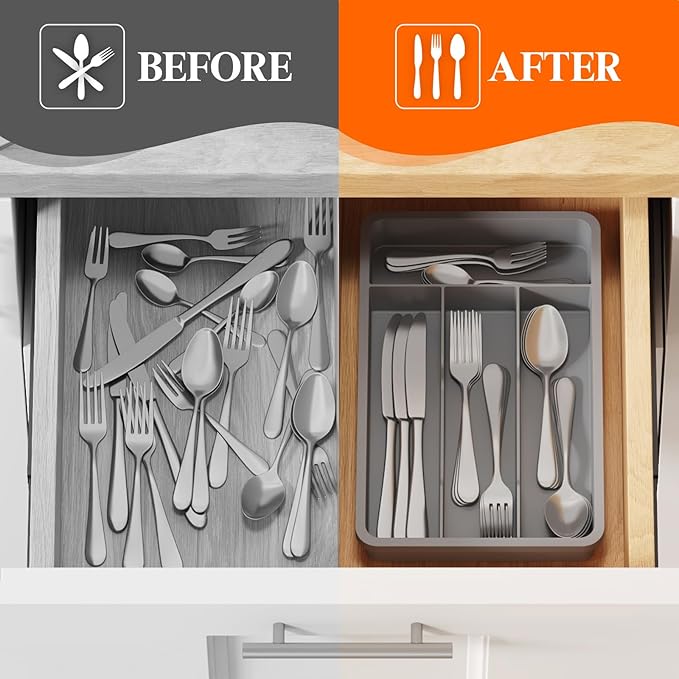 Lifewit Silverware Drawer Organizer Tray, Plastic Cutlery Storage for Kitchen, Flatware and Utensil Holder Divider for Spoons Forks Knives Tableware, 7.8 x 12.4", 4 Slots, Gray - Image 7