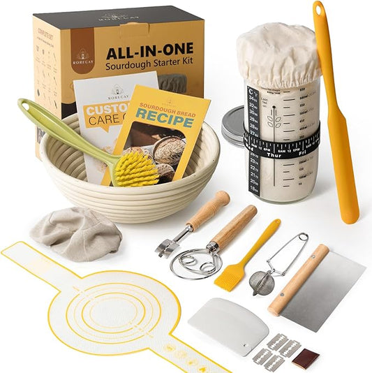 Sourdough Starter Kit, Banneton Bread Proofing Basket Set with 24oz Starter Jar, Sourdough Bread Baking Supplies with 9'' Round Banneton Baskets, Bread Making Baking Tools Gifts for Bakers by Rorecay