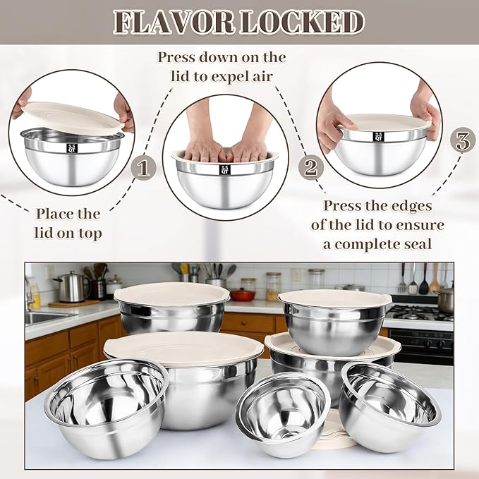 Mixing Bowls with Lids Set - 7PCS Nesting Mixing Bowls, Lids, Stainless Steel Mixing Bowls for Mixing, Baking & Meal Prep, Dishwasher Safe, Size 0.7/1.1/1.5/2.1/3.5/4/4.5 QT, Khaki - Image 5