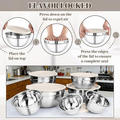 Mixing Bowls with Lids Set - 7PCS Nesting Mixing Bowls, Lids, Stainless Steel Mixing Bowls for Mixing, Baking & Meal Prep, Dishwasher Safe, Size 0.7/1.1/1.5/2.1/3.5/4/4.5 QT, Khaki - Image 5