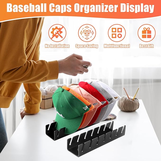 Hat Stand for Baseball Caps, 2 Pack No Install Acrylic Hat Organizer for 14 Baseball Caps Storage Organizer, Hat Racks Hat Holder Display and Organization for Closet, Bedroom, Dresser (Black-2Pack) - Image 5