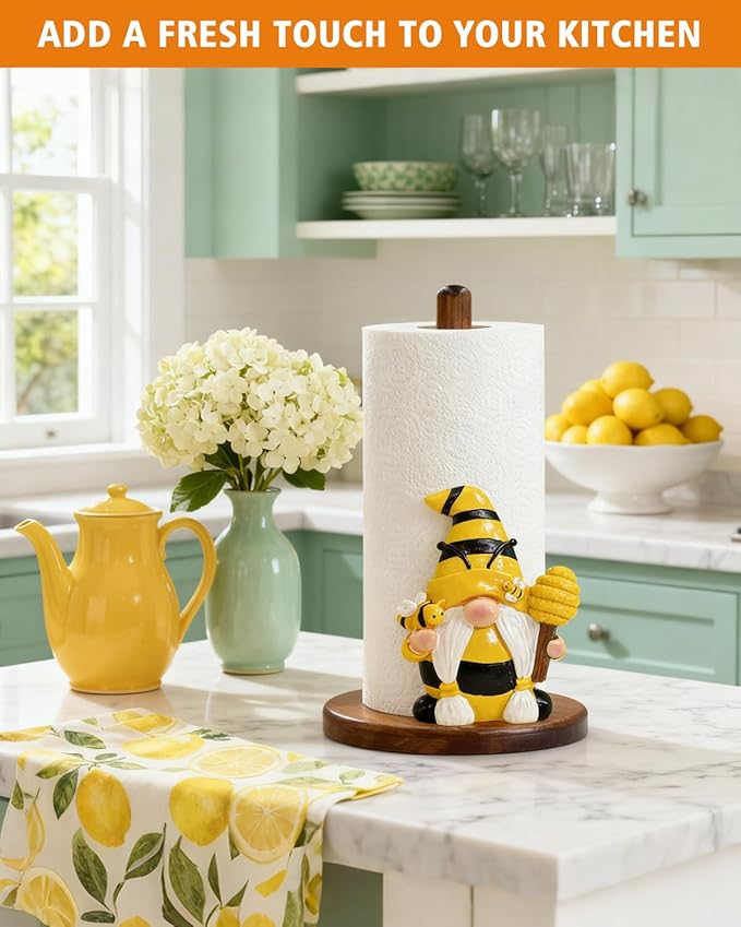Paper Towel Holder, Honey Bee Kitchen Decor, Cute 3D Gnome Gifts for Women Mom Grandma, Wooden Freestanding Countertop Stand for Standard & Jumbo Rolls