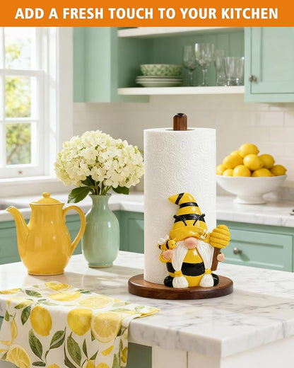 Paper Towel Holder, Honey Bee Kitchen Decor, Cute 3D Gnome Gifts for Women Mom Grandma, Wooden Freestanding Countertop Stand for Standard & Jumbo Rolls