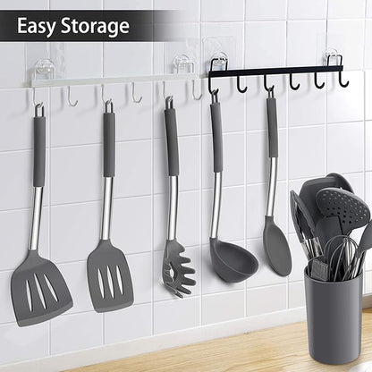 LIANYU 15-Piece Cooking Kitchen Utensils Set with Holder, Silicone Kitchen Tools Stainless Steel Handle, Slotted Spatula Spoon Turner Tong Whisk Brush for Cooking, Gray - Image 4