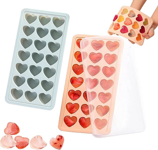 2 Pack Heart-Shaped Ice Cube Trays - 42 Holes Silicone Heart Ice Cube Tray with Lid, BPA Free and Dishwasher Safe, Mini Fun Ice Cube Mold, Easy to Remove (Pink + Blue)