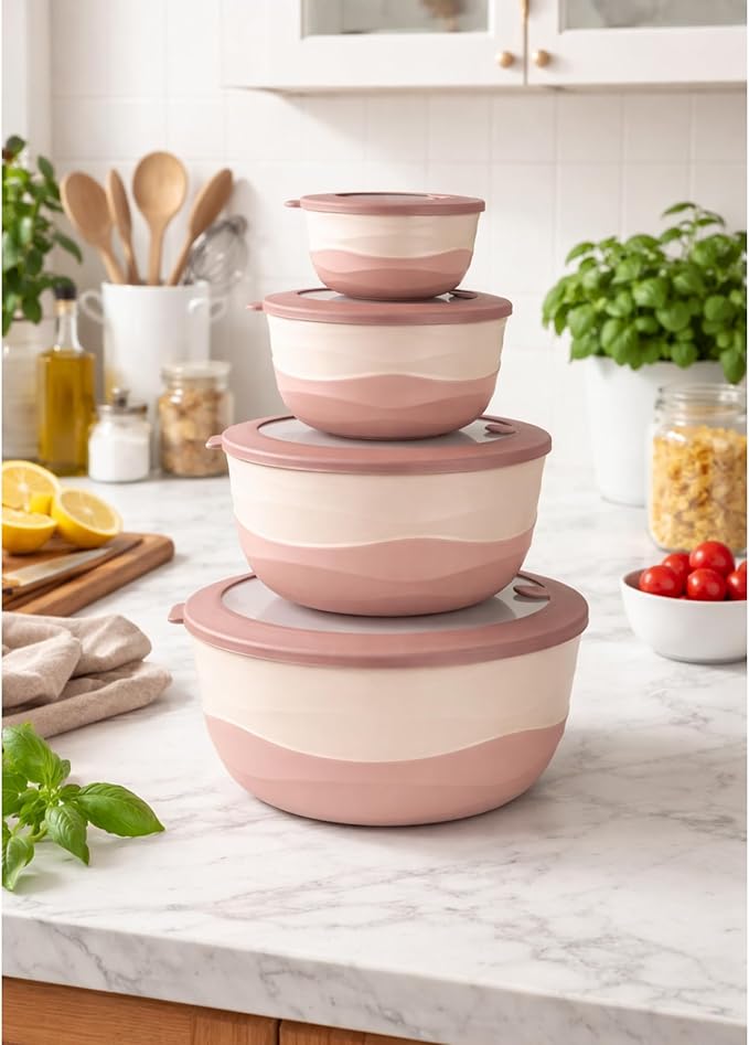 Pera Mixing Bowls with Lids Set, 8 Piece (4 Bowls + 4 Airtight Lids), BPA Free Nesting Kitchen Bowl Set for Mixing & Food Storage, Microwave & Dishwasher Safe (Pink)