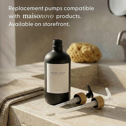 MaisoNovo Glass Dish Soap Dispenser for Kitchen Set of 2-16.9oz Dish and Hand Soap Dispenser Set for Kitchen - Black Glass Bottles x 2 with Black Bamboo Pumps & Tray