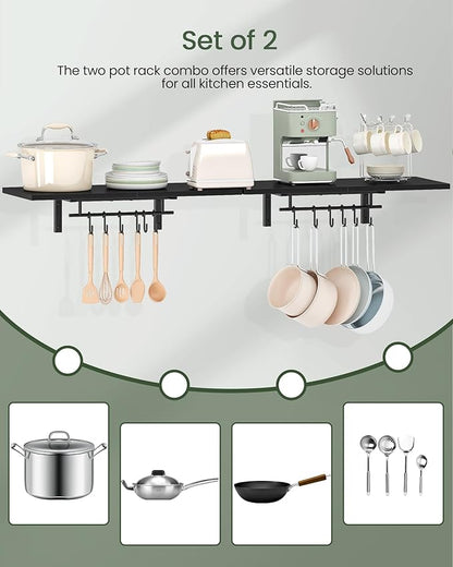 CHOEZON Wall-Mounted Pot Racks, Set of 2 Hanging Pot Rack, Floating Shelves, Wall Shelves, Vintage Pot Hangers for Kitchen, Wall Rack for Kitchen Storage, Black TPR27P2BB