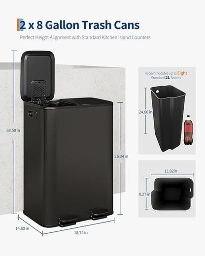 Garvee Double Trash Can, 2 x 8 gal (2 x 30 L) Garbage Can for Kitchen Dual Compartment Recycling Kitchen Step Trash Bin, Stainless Steel Trash and Recycle Bin Combo with Soft-Close Lid,Black - Image 6