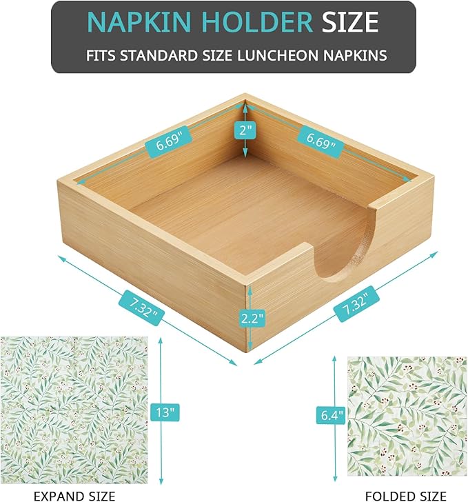 Bamboo Napkin Holder for Table, Napkins Holders For Paper Napkins, Flat Napkin Holder for Luncheon, Napkin Holders for Kitchen Dinner Table Decor, Napkin Dispenser for Indoor & Outdoor Use