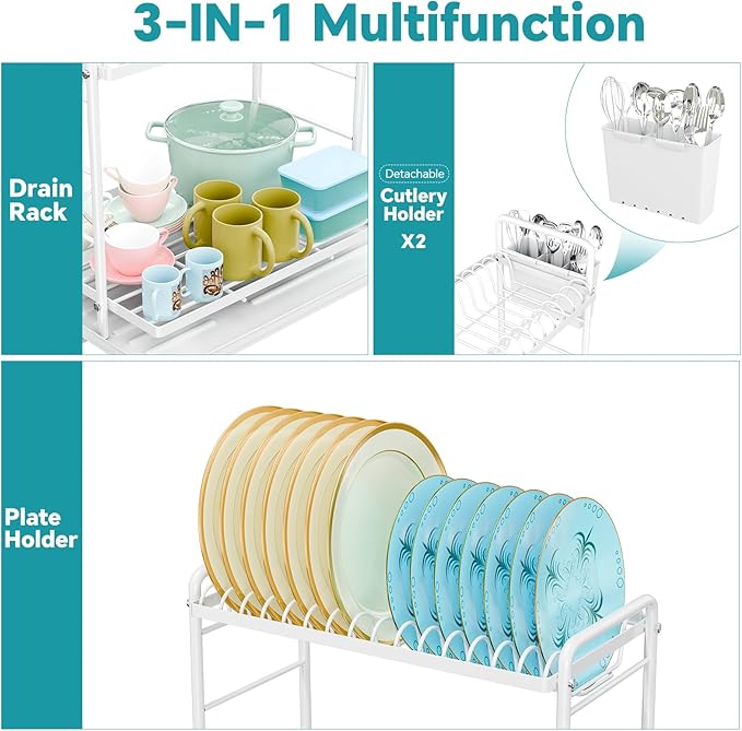 Simple Trending Dish Drying Rack, 2-Tier Dish Rack for Kitchen Counter, Large Dish Drainers Sink Organizers and Storage, White - Image 4