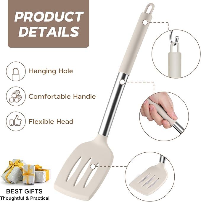 Onader Silicone Cooking Utensils Set of 15, Kitchen Utensils Set with Holder for Nonstick Cookware, 446°F Heat Resistant Stainless Steel Handle - Khaki - Image 3