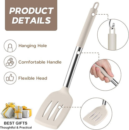 Onader Silicone Cooking Utensils Set of 15, Kitchen Utensils Set with Holder for Nonstick Cookware, 446°F Heat Resistant Stainless Steel Handle - Khaki - Image 3