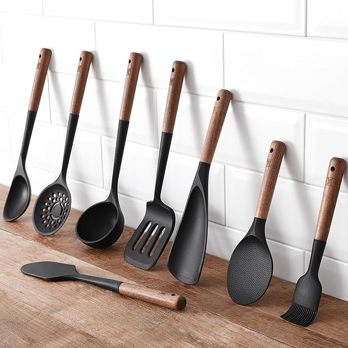 Cooking Ladle: Silicone Kitchen Utensil with Long Wooden Handles, Heat Resistant Cookware, Protects Surfaces with Gentle Head Design, Portion Batter, Professional Chef Wok Soup Ladle