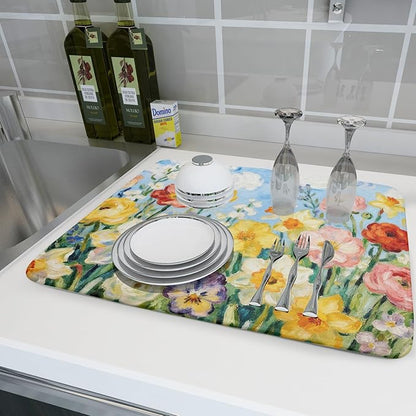 Spring Floral Dish Drying Mat for Kitchen Counter 18x24 Yellow Pink Narcissus Flower Seasonal Themed Summer Absorbent Reversible Microfiber Drying Mats Kitchen Countertop Protector Dishes Drainer Pad - Image 6