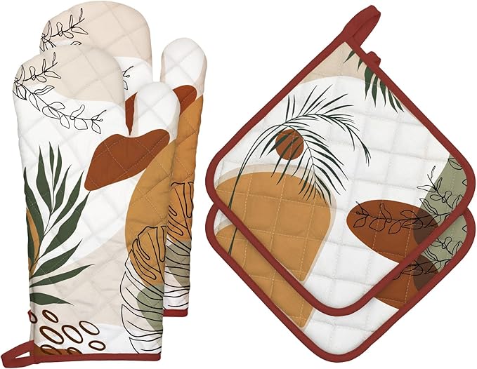 Boho Leaf Oven Mitts and Pot Holders Sets 4Pcs, 100% Cotton Heat Resistant, Extra Long Oven Gloves Potholder for Kitchen Cooking Baking Decoration, Housewarming Gifts for Mom by Arquiel