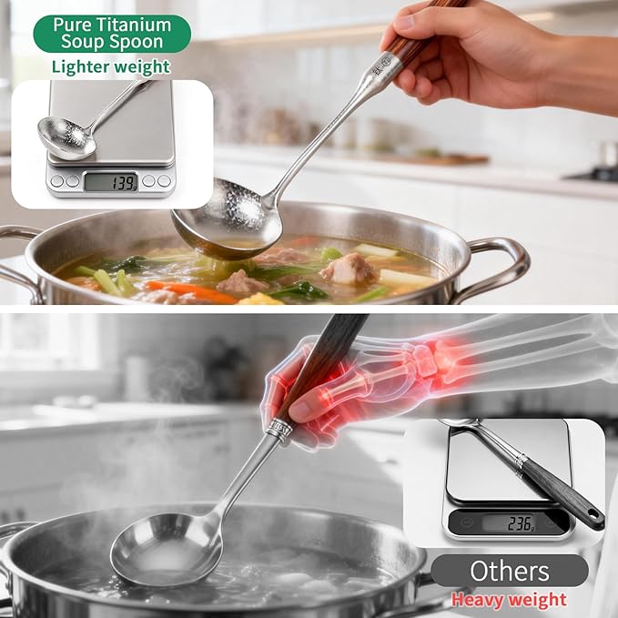 Newness Soup Ladle, [Rustproof, Heat Resistance] Resilient Pure Titanium Soup Spoon with Long Ergonomic Natural Wooden Round Handle, Non-Toxic Cooking Spoon for Kitchen, 14.56 Inches - Image 5