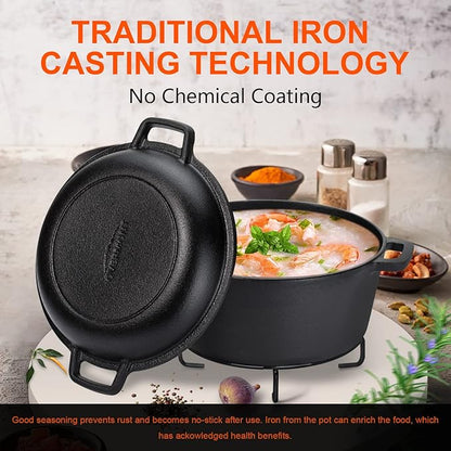 Overmont 2-in-1 Cast Iron Dutch Oven - 5QT Pre-Seasoned All-in-One Casserole Braising Pan with Skillet Lid Cookbook & Silicone Handle Covers - Heavy Duty Oven-Safe Pot for Bread Baking Frying Camping - Image 7