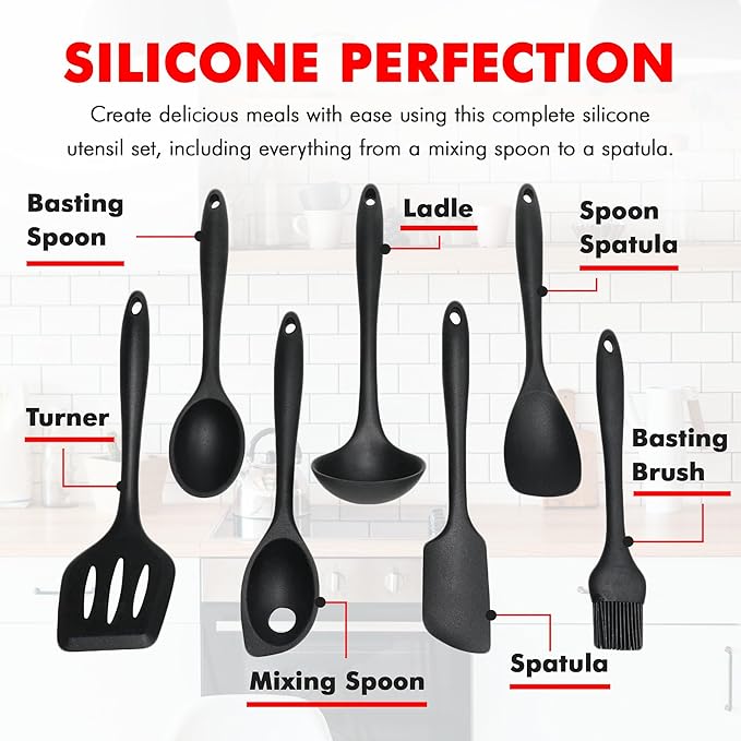 Chef Craft - Premium Silicone Kitchen Tools and Utensils Set, Non-Scratch, Withstands Temperatures up to 450°F, BPA-Free, 7 Piece Cooking Utensils Set, Black - Image 4