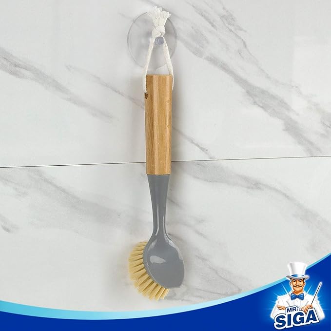 MR.SIGA Dish Brush with Bamboo Handle Built-in Scraper, Scrub Brush for Pans, Pots, Kitchen Sink Cleaning, Pack of 2 - Image 6