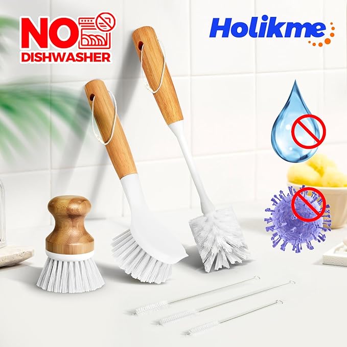 Holikme 6 Pack Dish Brush Scouring Pad Set with Bottle Brush, Dish Brush, Palm Scrub Brush and Straw Brush, Dish Scrubber Long Handle for Dish Bottle Cup Skillet Wok Pot Pan Cast Iron, White - Image 5