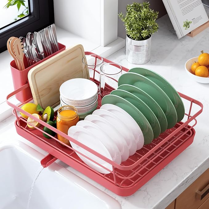 Kitsure Dish Drying Rack for Kitchen Counter, Stainless Steel Sink Organization and Storage Essentials with Cutlery Holder, Home and Appartment Decor, 12''W x 15.5''L, Red by Kitsure
