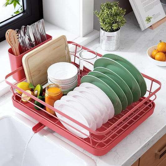 Kitsure Dish Drying Rack for Kitchen Counter, Stainless Steel Sink Organization and Storage Essentials with Cutlery Holder, Home and Appartment Decor, 12''W x 15.5''L, Red by Kitsure