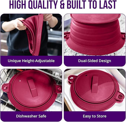 L.I.Q Silicone Splatter Guard – Fits 8 and 10 Inch Pots (20 and 25 Centimeters) – Microwave Safe and Durable SplatterDom - Includes 8” Lid - Food and Oil Splash Guard (Bordeaux, Small)