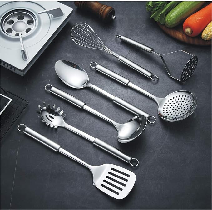 Berglander Cooking Utensil Set 8 Piece, Stainless Steel Kitchen Tool Set with Stand,Cooking Utensils, Slotted Tuner, Ladle, Skimmer, Serving Spoon, Pasta Server,Potato Maseher, Egg Whisk. （8 Pieces） - Image 3