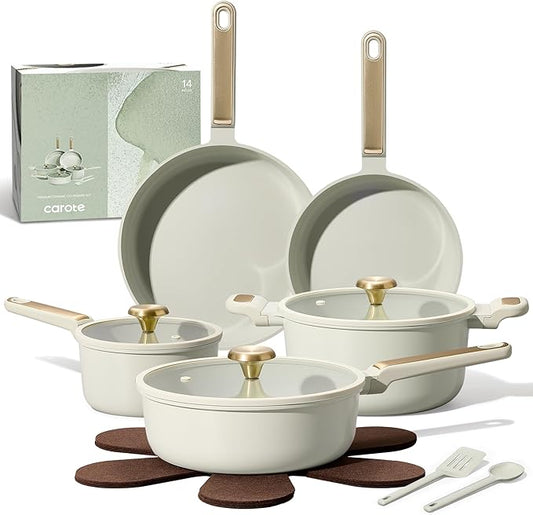 CAROTE Ceramic Cookware Set Nonstick, 14pcs Pots and Pans Set Nonstick, Non-Toxic & PFAS-Free, Dishwasher, RV/Camping Cookware Set, Cooking Pots with Lids, Sage Green by CAROTE