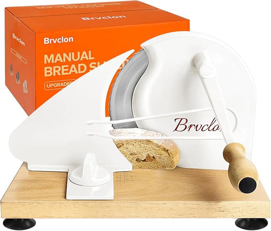 Brvclon Manual Bread Slicer Adjustable Thickness, Hand Crank Bread Slicer for Homemade Sourdough Bread with Scale Line & Suction Cup & Metal Guide,Quality Solid Wood Base & Gift-Level Packaging