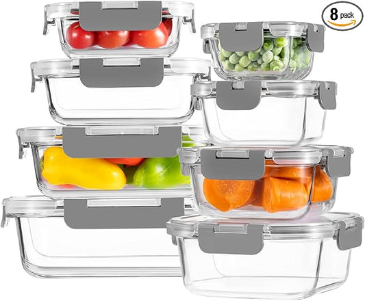 HOMBERKING 8 Pack Glass Food Storage Containers with Lids, Meal Prep Containers, Airtight Bento Boxes with Leak Proof Locking for Microwave, Oven, Freezer and Dishwasher, BPA Free, 5-35oz by HOMBERKING
