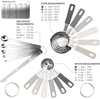 CuttleLab 22-Piece Stainless Steel Measuring Cups and Spoons Set, Tad Dash Pinch Smidgen Drop Mini Measuring Spoons, Measuring Stick Leveler, Measurement Conversion Chart Fridge Magnet, (Charcoal) - Image 2