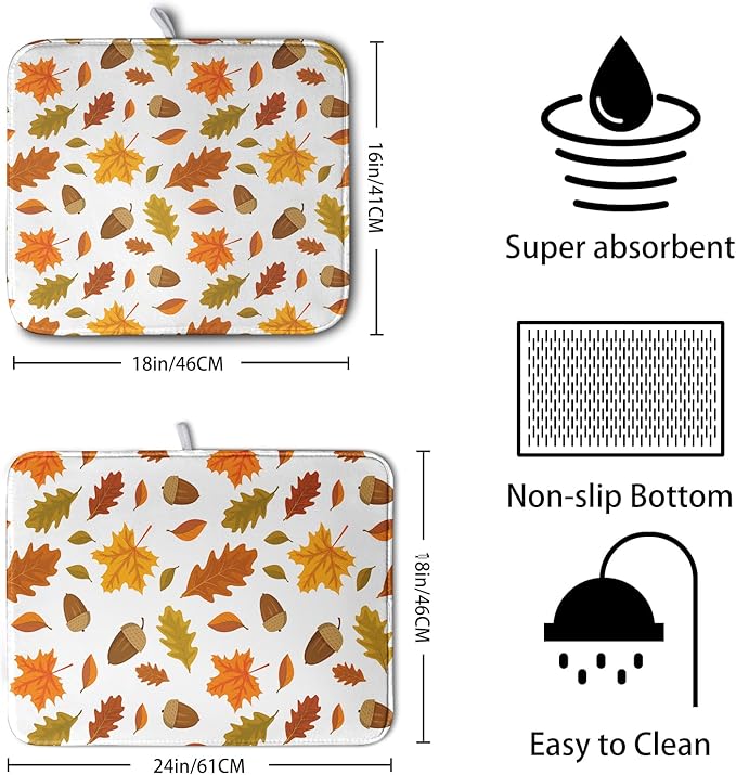 Fall Leaves Dish Drainer Mat - Absorbent Drying Mat for Counter - 18x24 Inch, Orange Maple Leaf Pattern - Image 2
