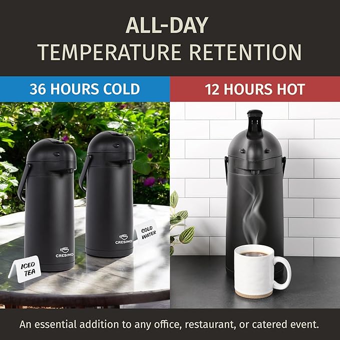 Airpot Coffee Dispenser With Pump, Black - 12 Hours Hot Water Dispenser with Pump, 36 Hours Cold - Coffee Thermal Carafe for Hot Drinks, Tea Flask for Beverages -Large Carafe w/ One-Handed Dispensing - Image 2