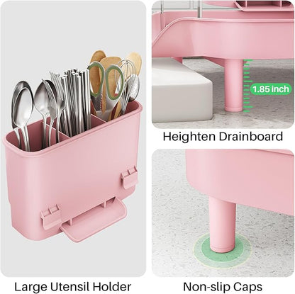SAYZH Dish Drying Rack - Expandable Dish Rack for Kitchen Counter, Rust-Resistant Dish Drainer with Utensil Holder and Raised Guardrail, Kitchen Organizer for Cup and Bottle (Pink) - Image 6