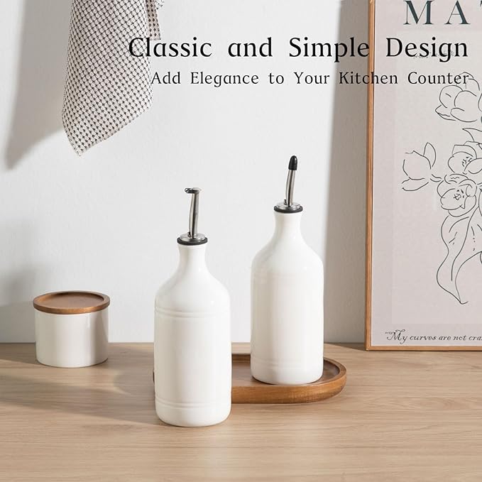 Sweejar Ceramic Olive Oil Dispenser Bottle Set, Opaque Oil Cruet Protects to Reduce Oxidation, Suitable For Storage Of Vinegar, Soy Sauce & Other Liquids,Pack of 2,15.5 Fl Oz（White） - Image 2