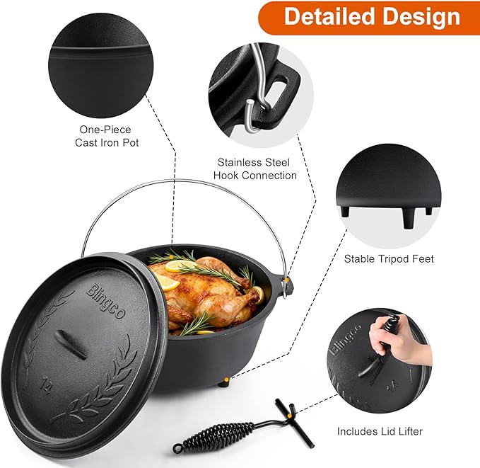 10 QT Pre-Seasoned Cast Iron Camp Dutch Oven with Lid, Large Camping Dutch Oven Pot, incl. Lid Lifter - Dual Handles - for Outdoor Campfire, Grill, Oven&Stovetop Cooking - Black - Image 3