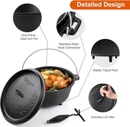 10 QT Pre-Seasoned Cast Iron Camp Dutch Oven with Lid, Large Camping Dutch Oven Pot, incl. Lid Lifter - Dual Handles - for Outdoor Campfire, Grill, Oven&Stovetop Cooking - Black - Image 3