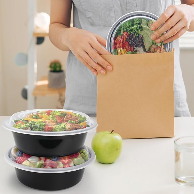 Meal Prep Containers Reusable 32oz - Meal Prep Bowls with Lids 50 Pack, Round Food Prep Bowls for Takeout, Disposable To Go Food Containers, Stackable, Leakproof, BPA-Free, Microwave/Freezer Safe - Image 6