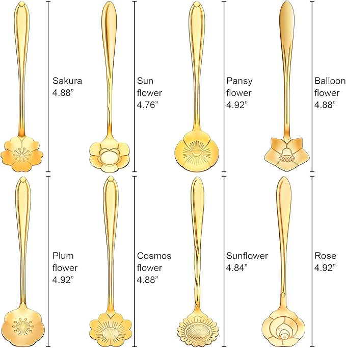 Chengu 8 Pieces Flower Coffee Tea Spoons Stainless Steel Sugar Spoons Tea Party Flower Fancy Tableware Set Stir Bar Creative Stirring Teaspoon, 8 Different Patterns(Gold) - Image 7