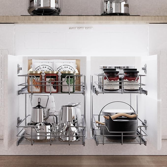 2 Tier Pull Out Cabinet Organizer 11" W X 22" D, Slide Out Drawers For Kitchen Cabinets, Pull Out Drawers For Cabinets Capacity Heavy Duty Caddy, Cabinet Pullout Shelves Chrome-Plated, Bathroom Pantry - Image 6