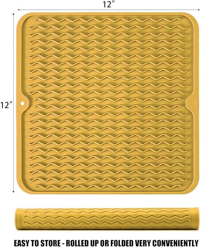 Silicone Dish Drying Mat for Multiple Usage, Easy clean, Eco-friendly, Heat-resistant Dish Drainer Mat for Kitchen Counter,Sink,Refrigerator or Drawer liner (12" x 12", Yellow) - Image 2