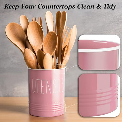 Bivvclaz Kitchen Utensil Holder - 6.7" Utensil Holder for Kitchen Counter - Cooking Utensil Crock with Cork Bottom - Pink Decor and Accessories - Utensil Storage Caddy Organizer - Image 4