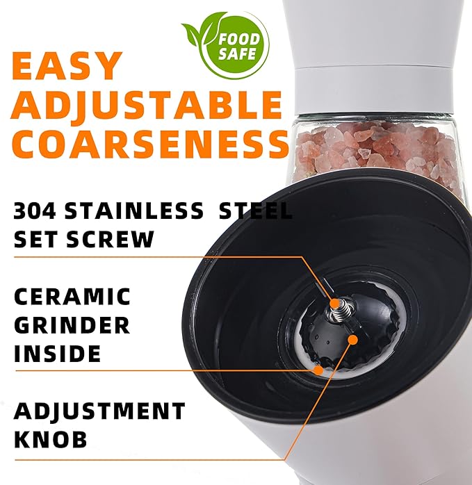 DAVIMADE White Salt and Pepper Grinder Set of 2,Manual Refillable Adjustable Ceramic Grinders, Stainless Steel Salt and Pepper Shakers,Short Glass Body W/Funnel